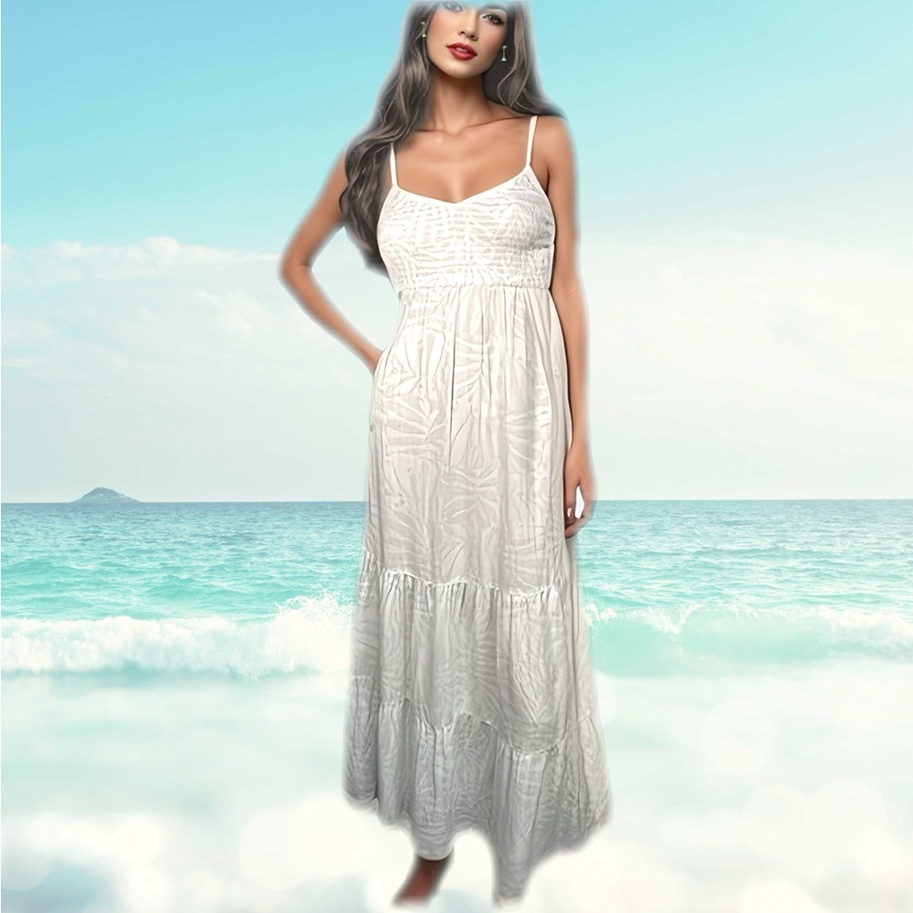 Roxy Green and White Tropical Maxi Sundress, Size Large